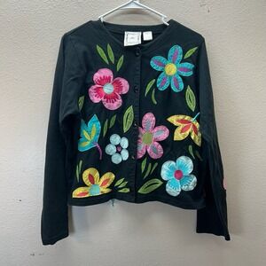 Michael Simon SZ L Flower embroidered sweater cardigan Retro 90s Grandma Cotton